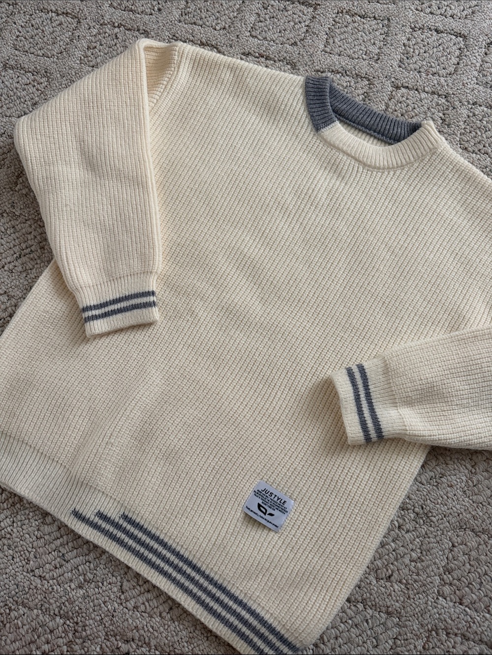 Men's Cream Crewneck Sweater with Gray Contrast Trim